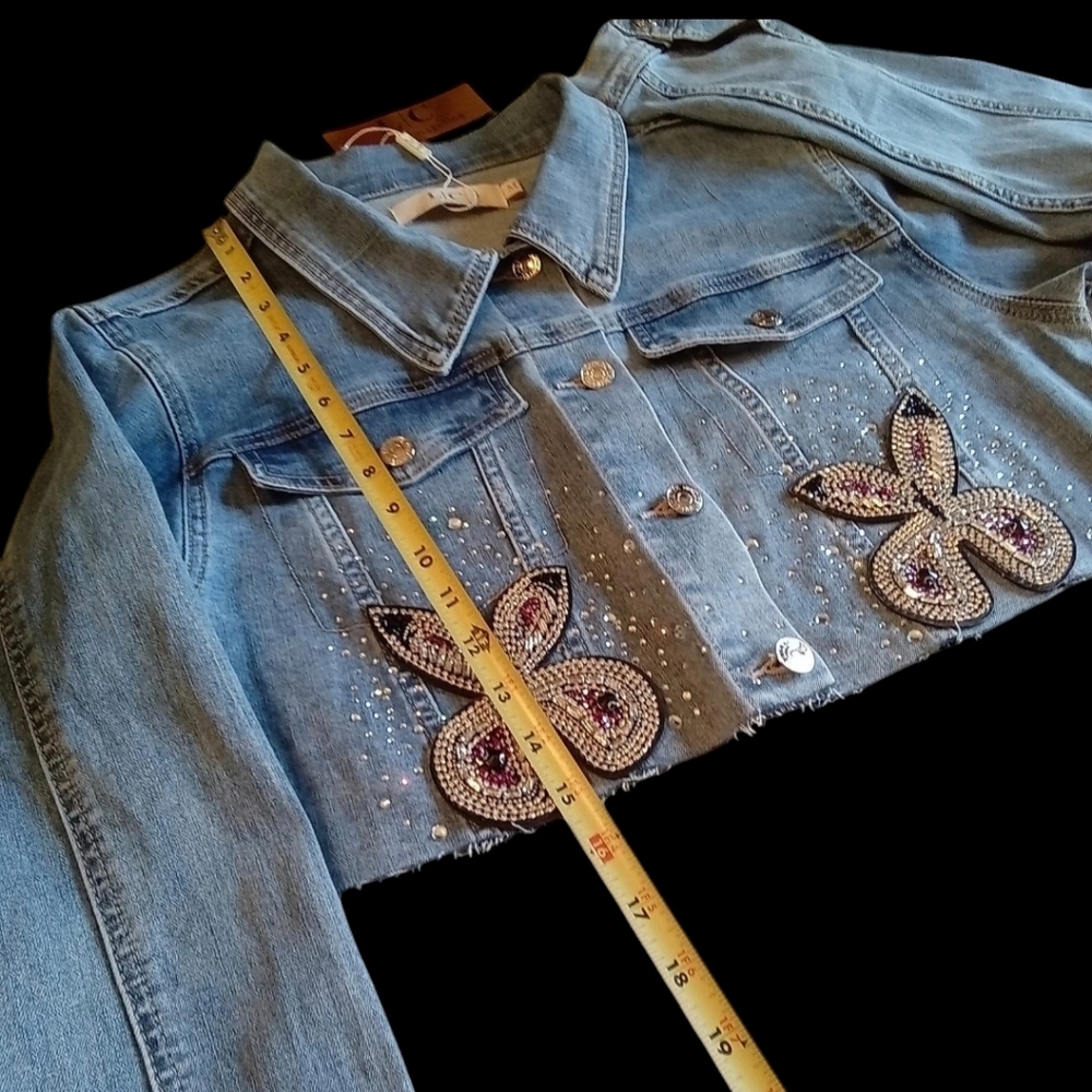 Lizette Collection Embellished Cropped Long Sleeve Denim Jacket Women Medium - Picture 11 of 12